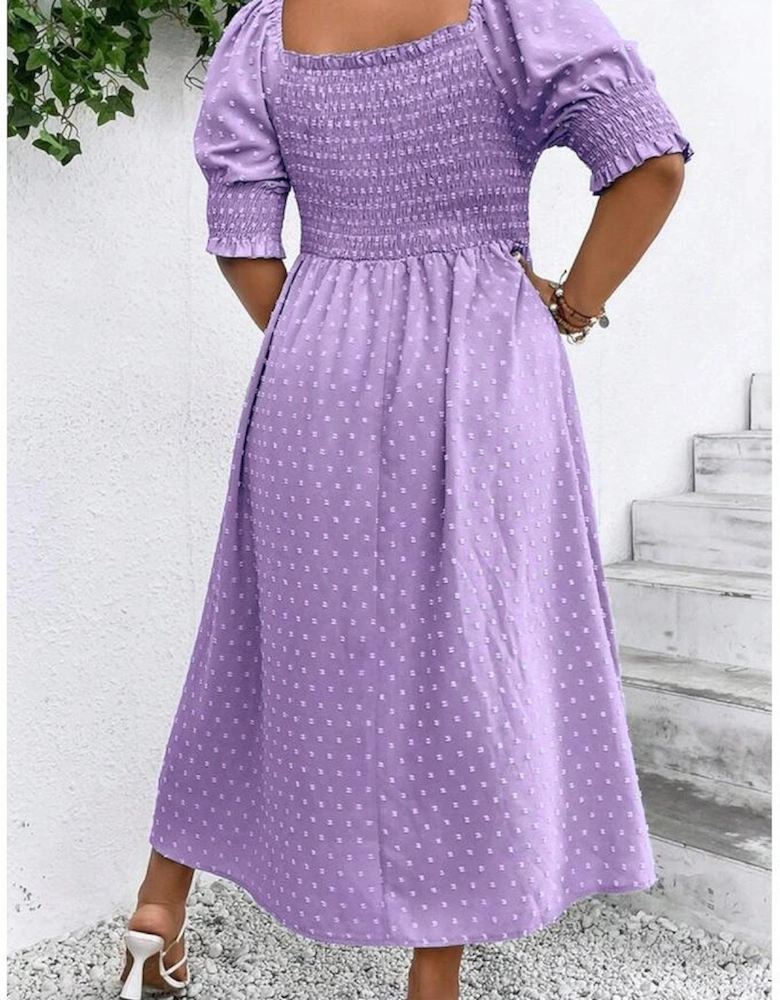 Wisteria Swiss Dot Smocked Frilled Neckline Short Sleeve Plus Size Dress