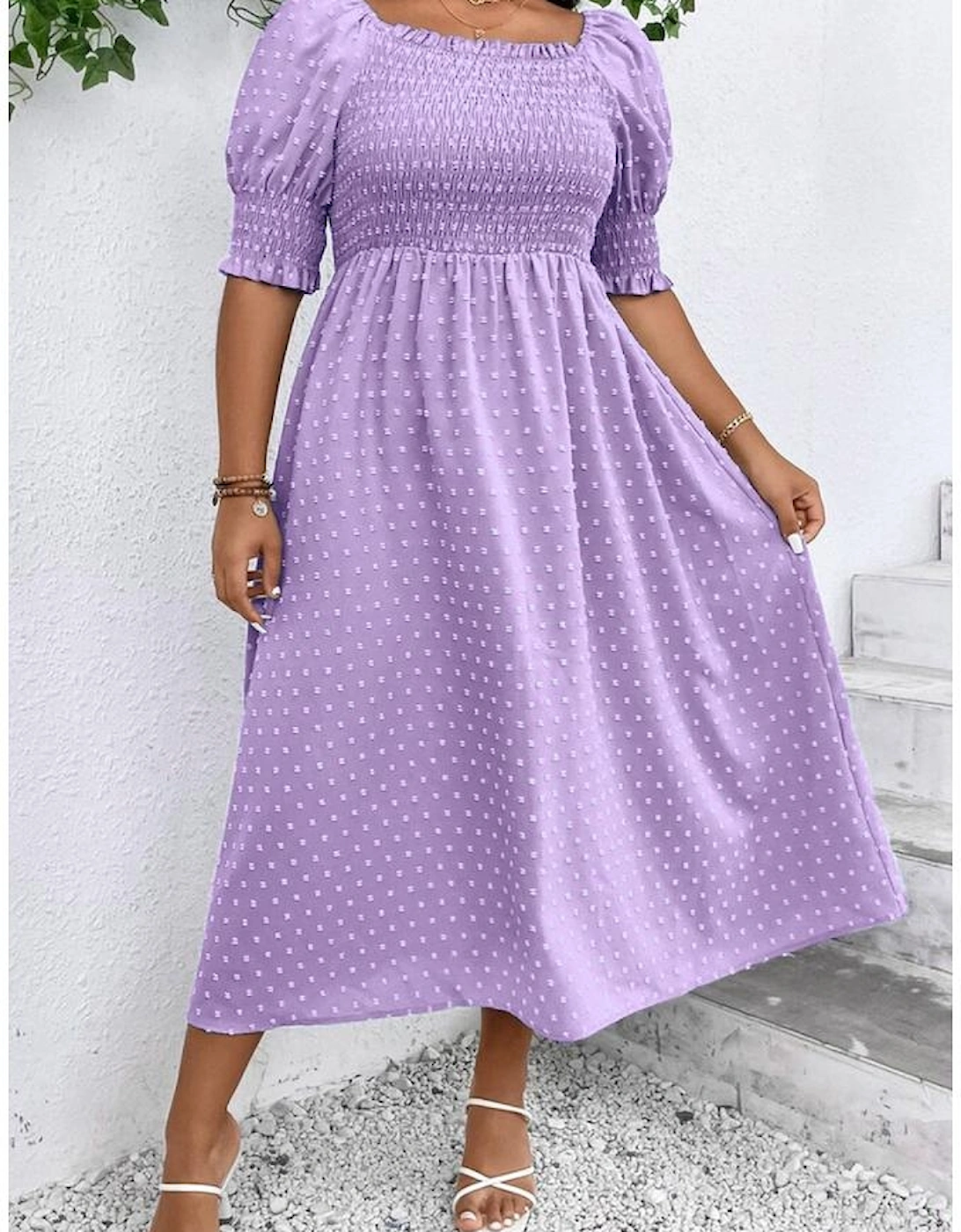 Wisteria Swiss Dot Smocked Frilled Neckline Short Sleeve Plus Size Dress