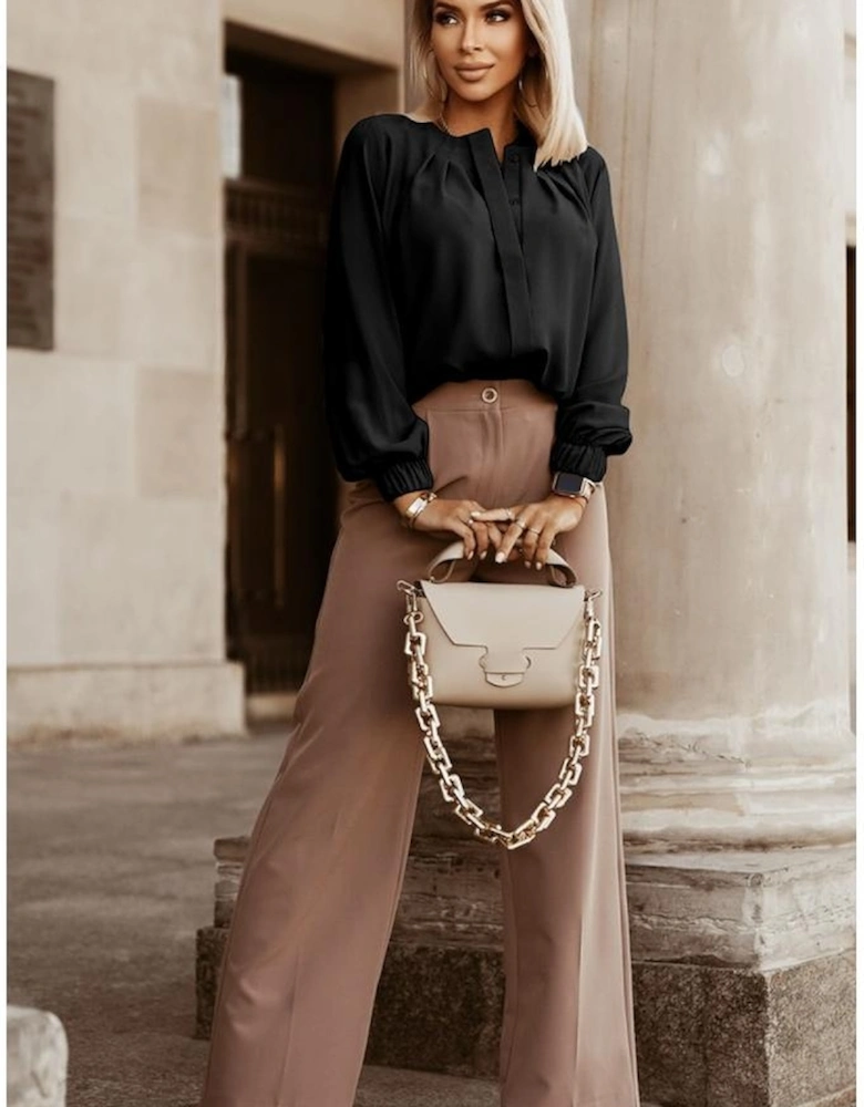 Black Crew Neck Gathered Stretch Cuff Shirt