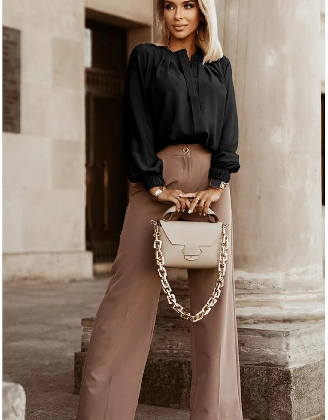 Black Crew Neck Gathered Stretch Cuff Shirt