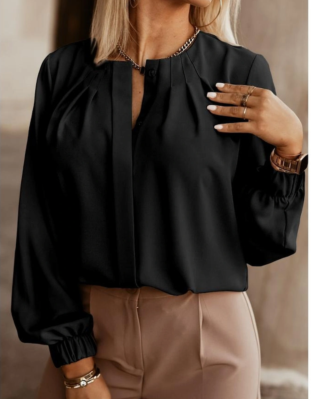 Black Crew Neck Gathered Stretch Cuff Shirt, 6 of 5