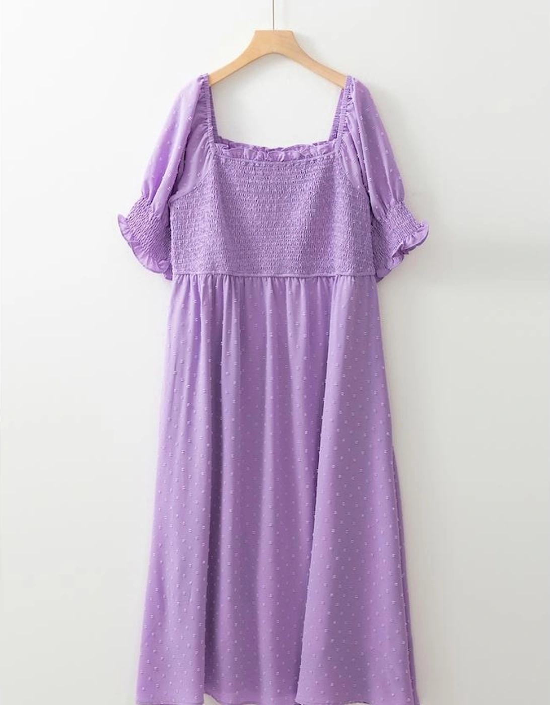 Wisteria Swiss Dot Smocked Frilled Neckline Short Sleeve Plus Size Dress