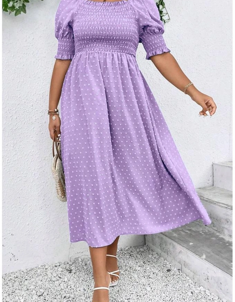 Wisteria Swiss Dot Smocked Frilled Neckline Short Sleeve Plus Size Dress