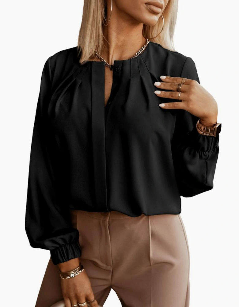 Black Crew Neck Gathered Stretch Cuff Shirt