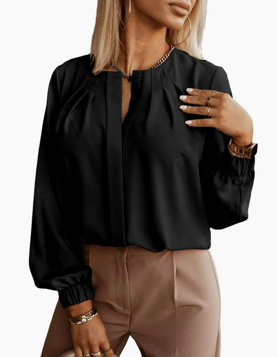 Black Crew Neck Gathered Stretch Cuff Shirt