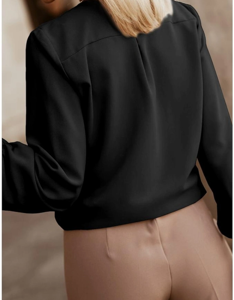 Black Crew Neck Gathered Stretch Cuff Shirt