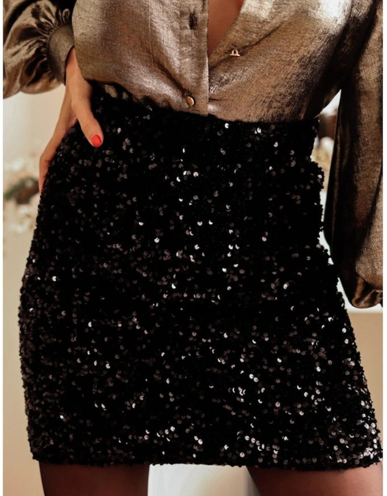 Black Sequin Bodycon Mini Skirt