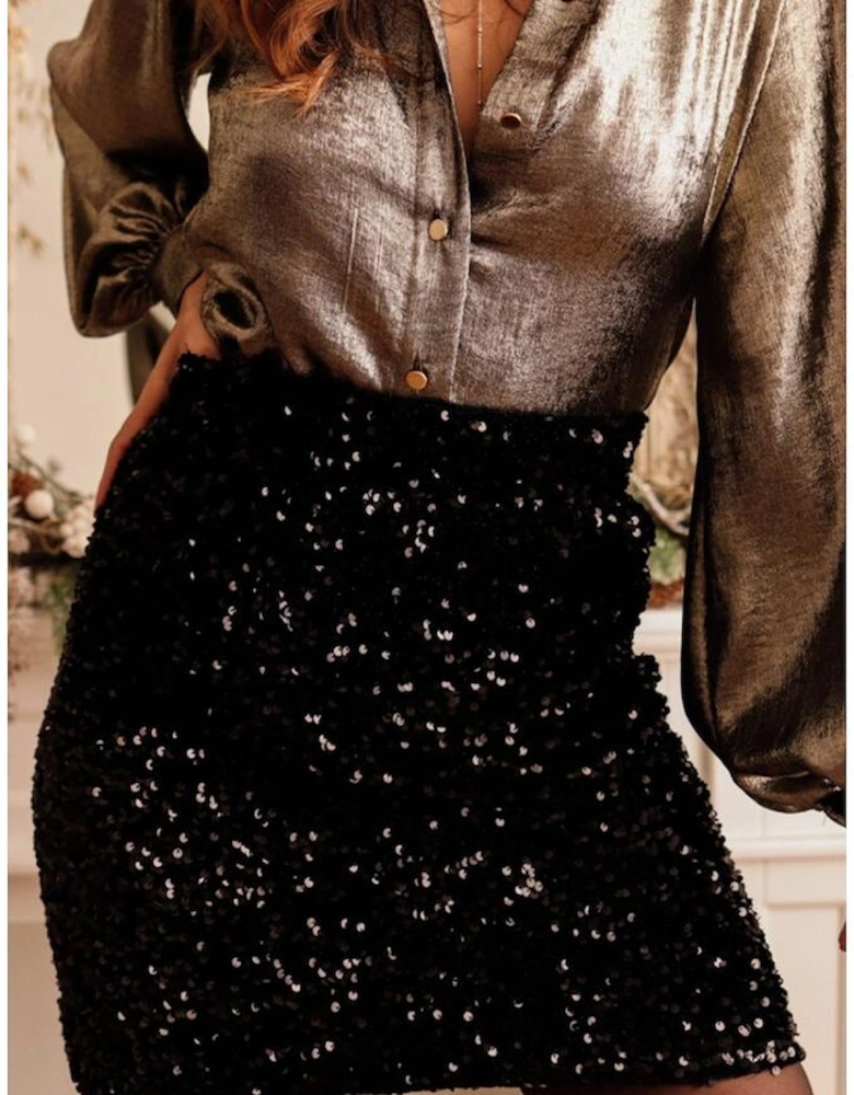 Black Sequin Bodycon Mini Skirt