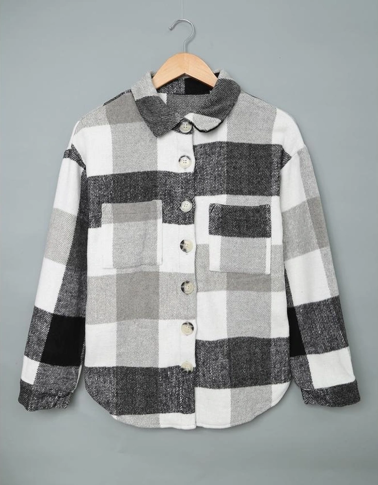 Gray Plaid Color Block Buttoned Long Sleeve Jacket with Pocket