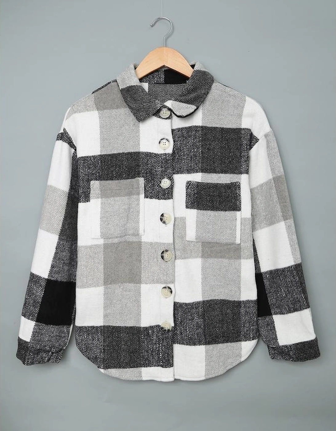 Gray Plaid Color Block Buttoned Long Sleeve Jacket with Pocket