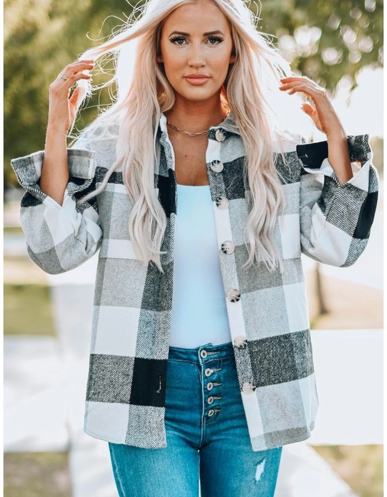 Gray Plaid Color Block Buttoned Long Sleeve Jacket with Pocket