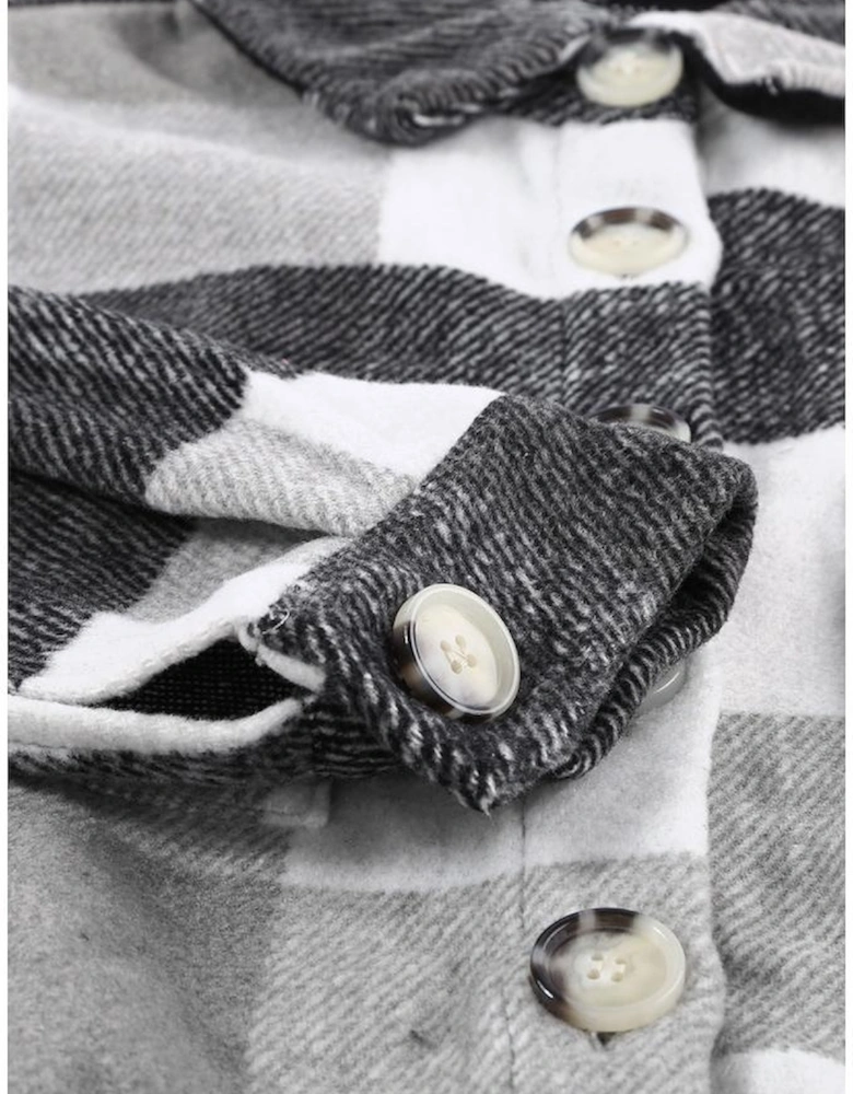 Gray Plaid Color Block Buttoned Long Sleeve Jacket with Pocket