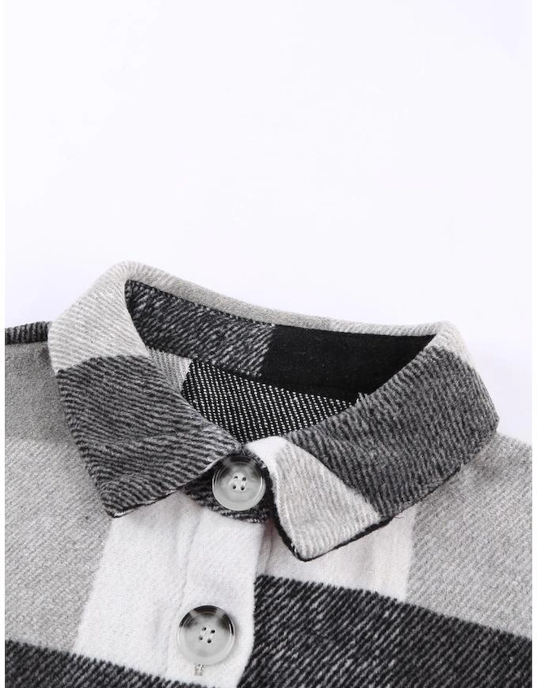 Gray Plaid Color Block Buttoned Long Sleeve Jacket with Pocket