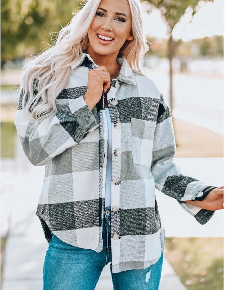 Gray Plaid Color Block Buttoned Long Sleeve Jacket with Pocket