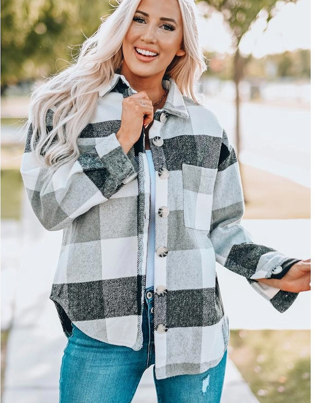 Gray Plaid Color Block Buttoned Long Sleeve Jacket with Pocket