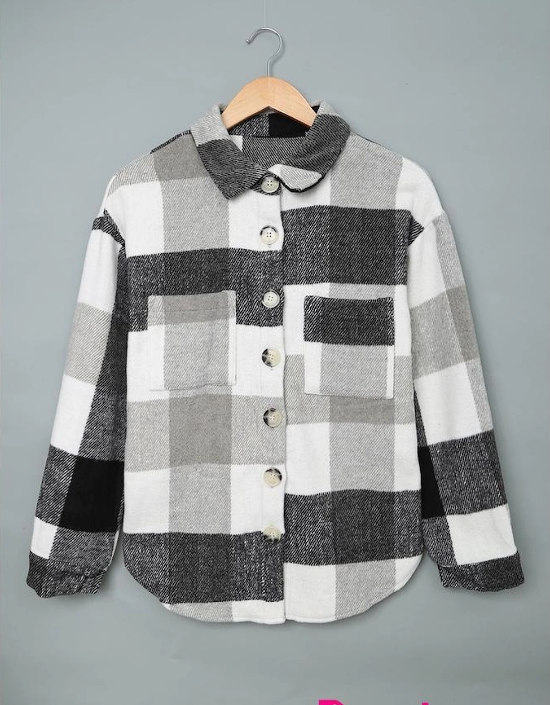 Gray Plaid Color Block Buttoned Long Sleeve Jacket with Pocket