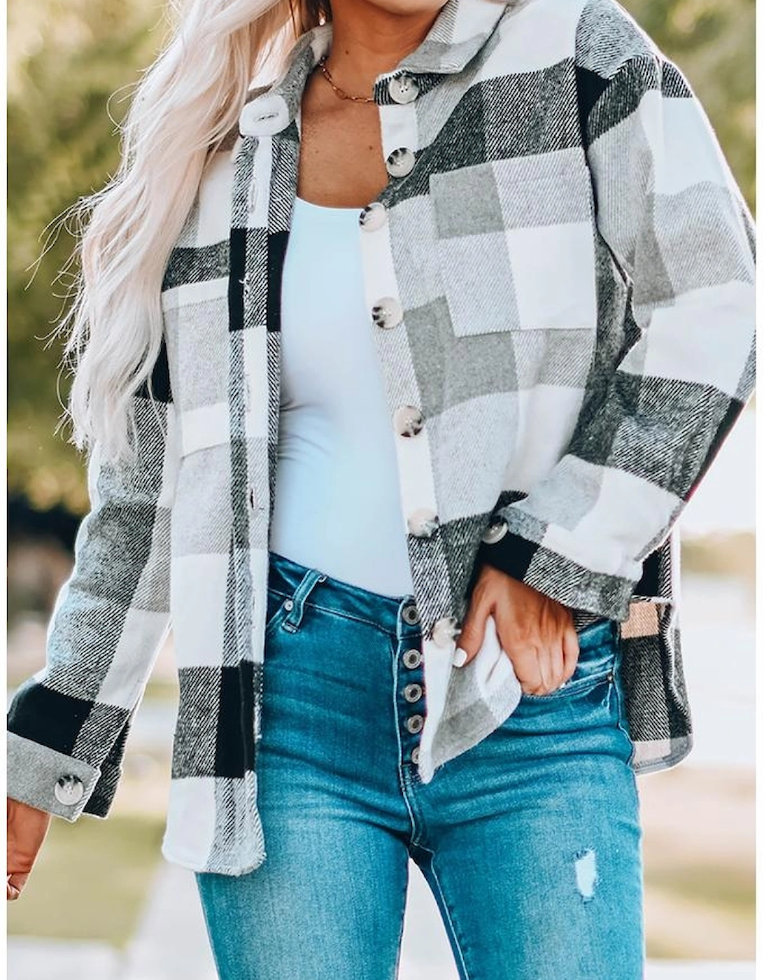 Gray Plaid Color Block Buttoned Long Sleeve Jacket with Pocket, 16 of 15