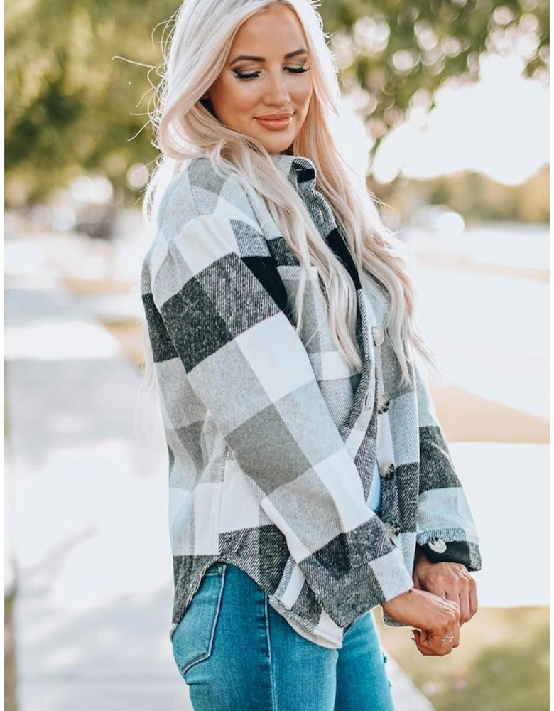 Gray Plaid Color Block Buttoned Long Sleeve Jacket with Pocket