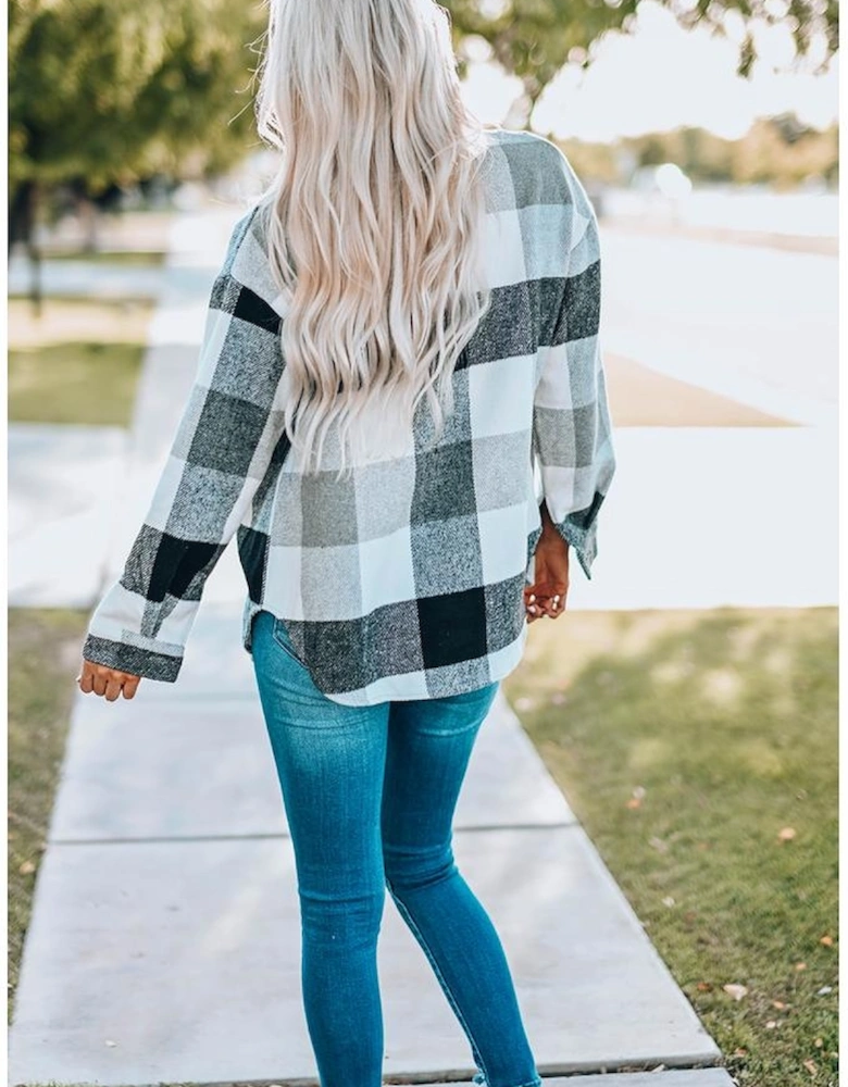 Gray Plaid Color Block Buttoned Long Sleeve Jacket with Pocket