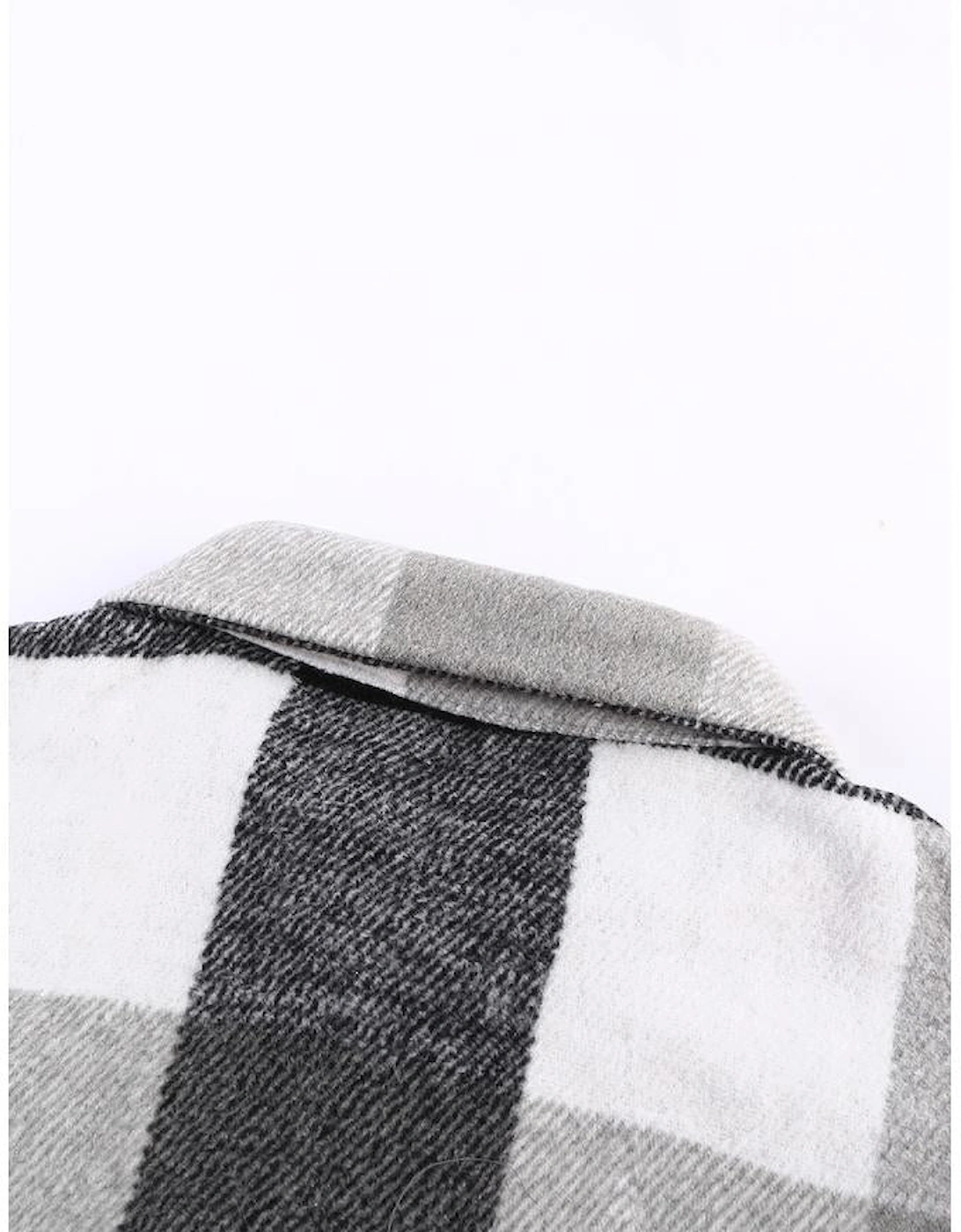 Gray Plaid Color Block Buttoned Long Sleeve Jacket with Pocket