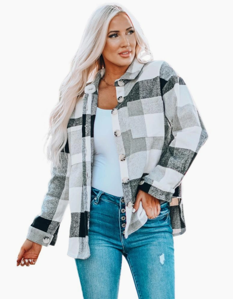 Gray Plaid Color Block Buttoned Long Sleeve Jacket with Pocket