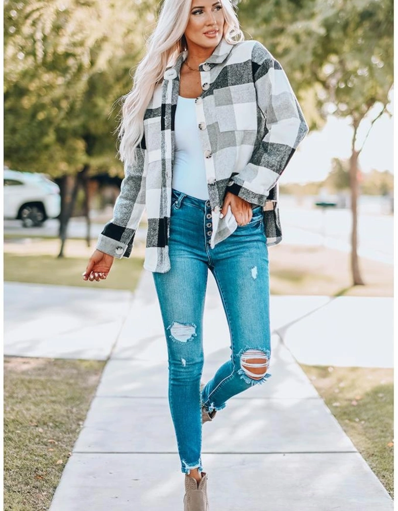 Gray Plaid Color Block Buttoned Long Sleeve Jacket with Pocket