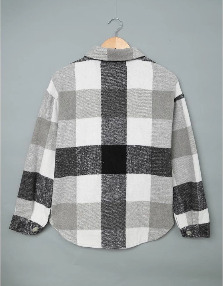 Gray Plaid Color Block Buttoned Long Sleeve Jacket with Pocket