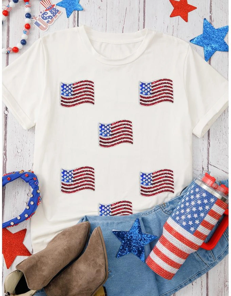 White Sequin American Flag Patched Casual T Shirt