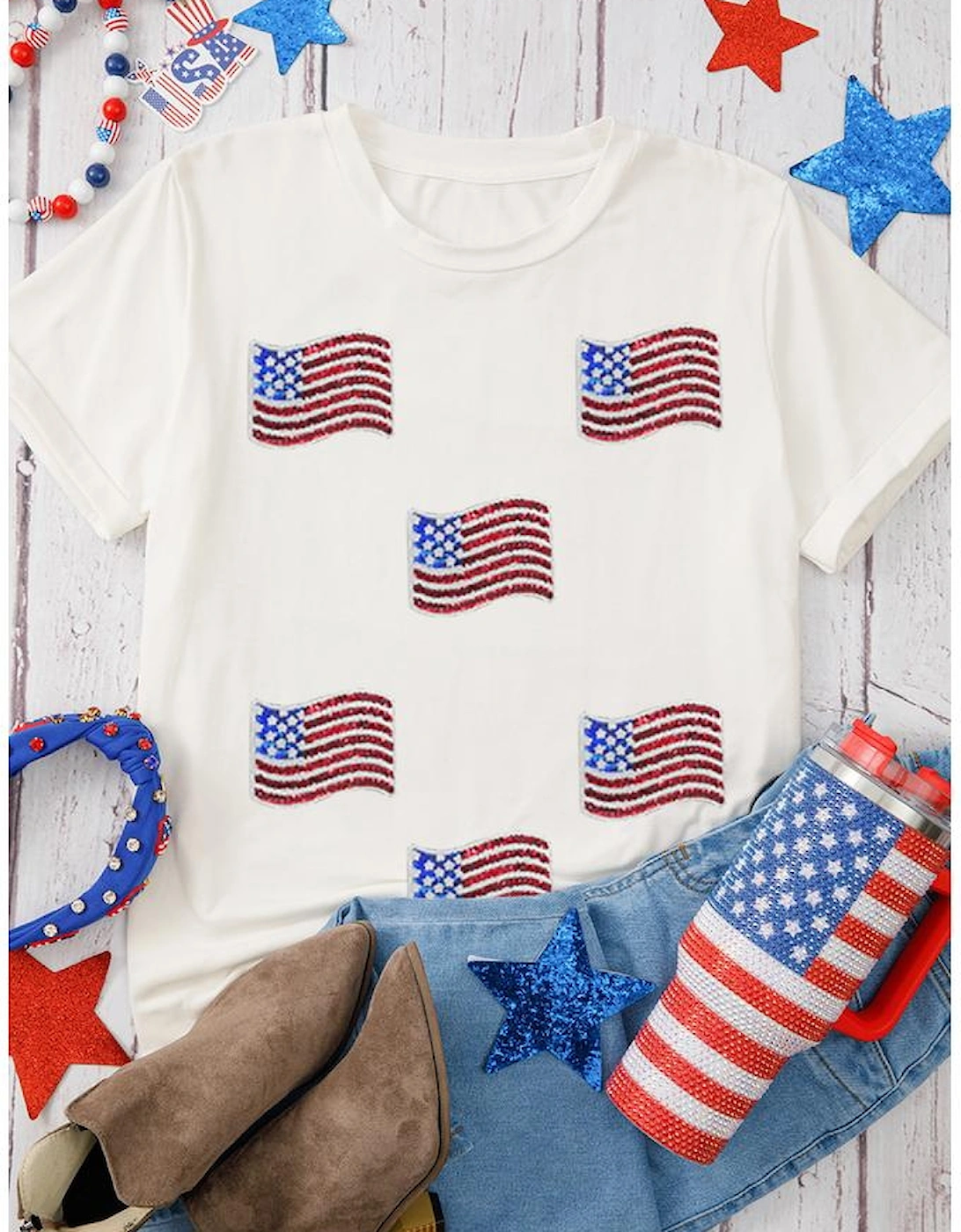 White Sequin American Flag Patched Casual T Shirt, 8 of 7