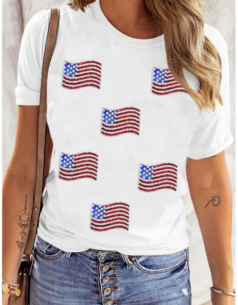 White Sequin American Flag Patched Casual T Shirt