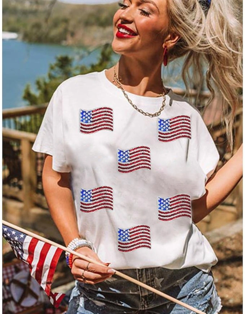 White Sequin American Flag Patched Casual T Shirt