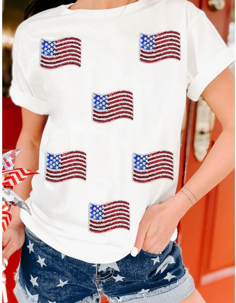 White Sequin American Flag Patched Casual T Shirt