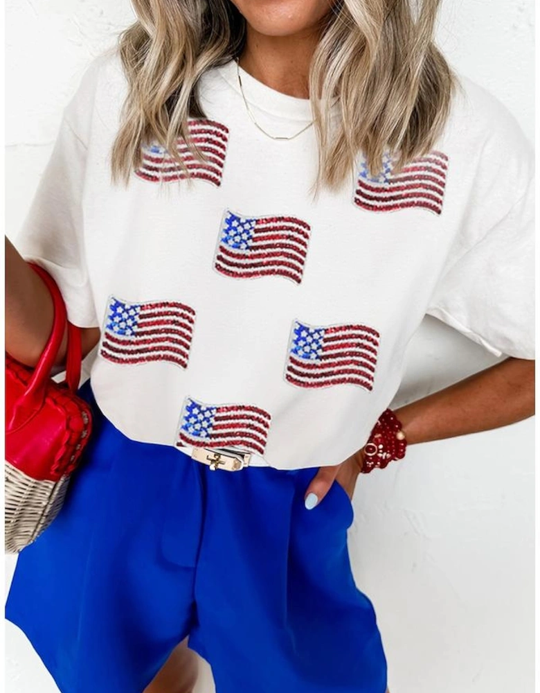 White Sequin American Flag Patched Casual T Shirt