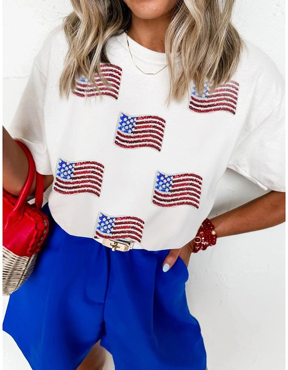 White Sequin American Flag Patched Casual T Shirt