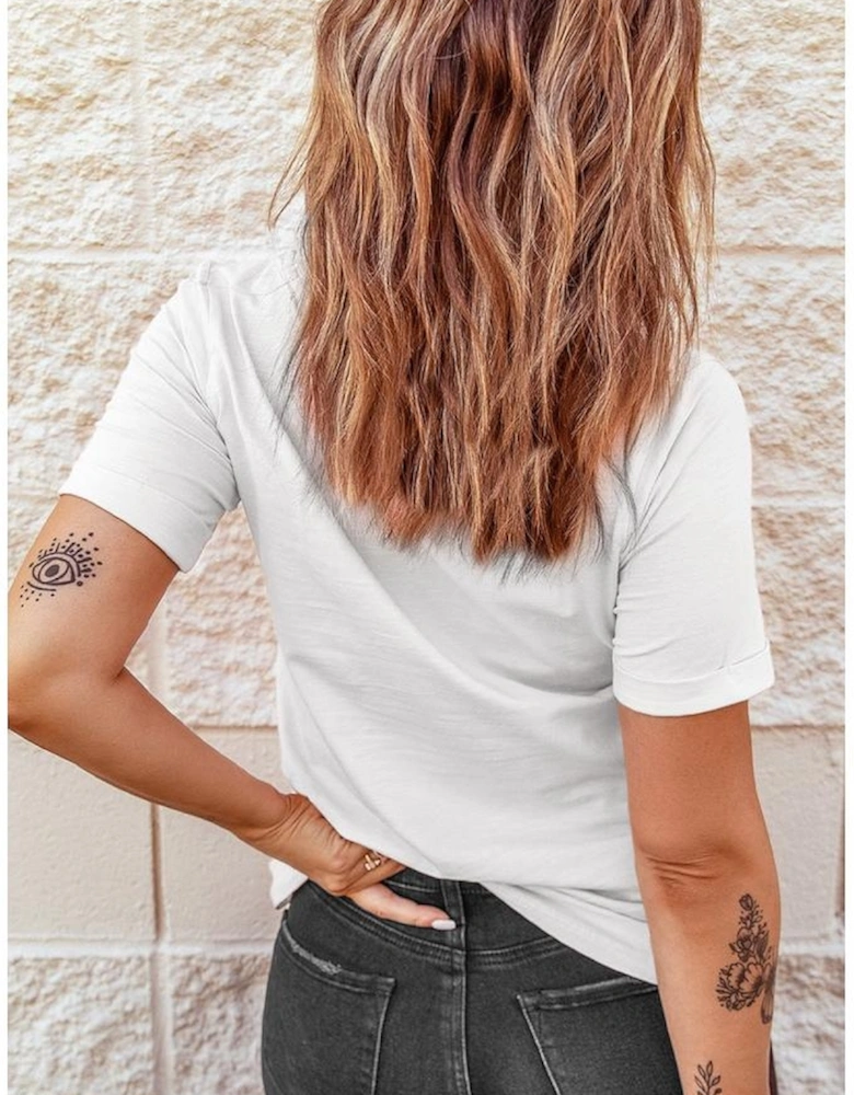 White Sequin American Flag Patched Casual T Shirt