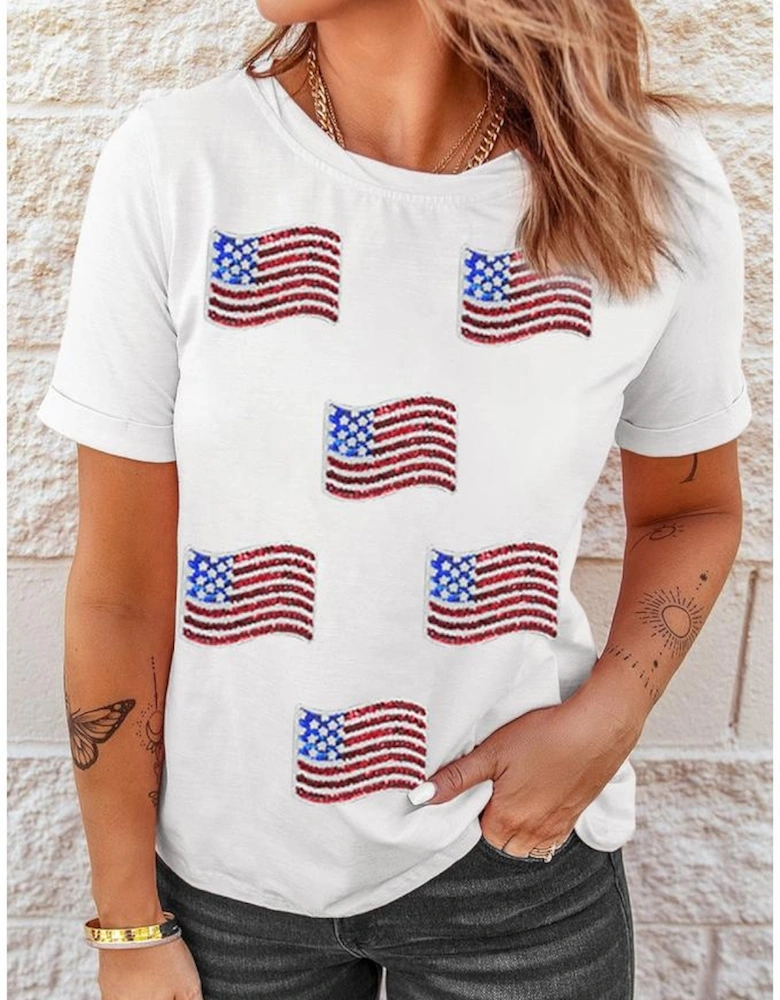 White Sequin American Flag Patched Casual T Shirt