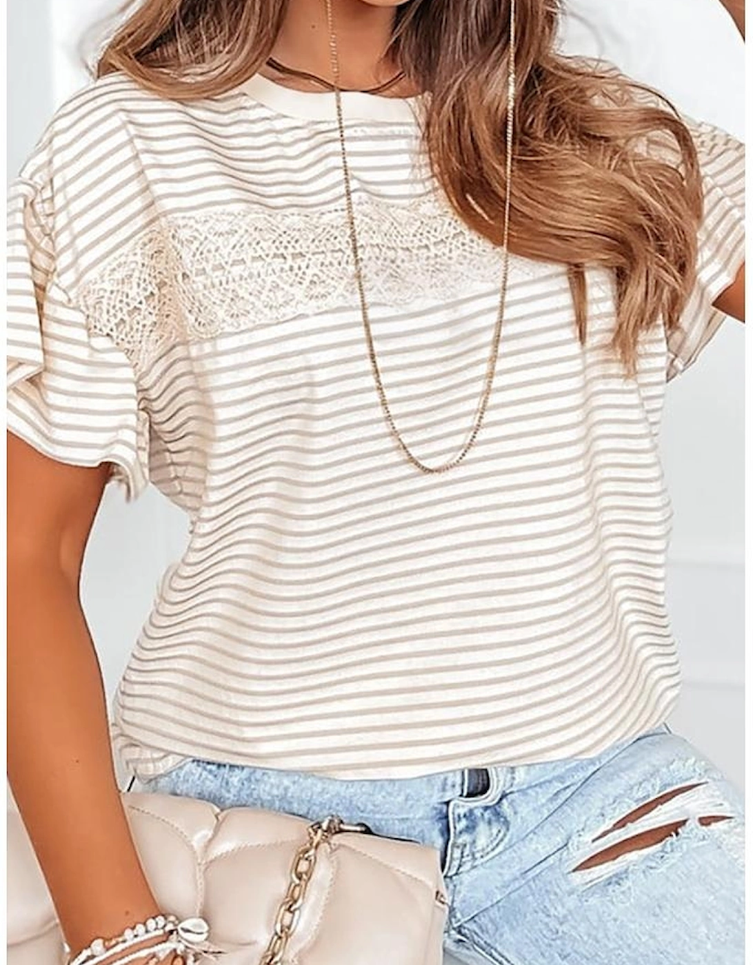 Apricot Striped Lace Splicing Ruffle Sleeve T-shirt