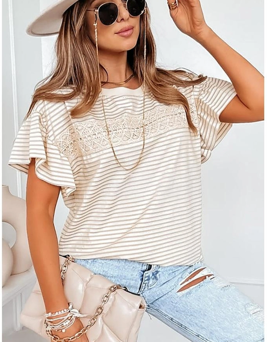 Apricot Striped Lace Splicing Ruffle Sleeve T-shirt