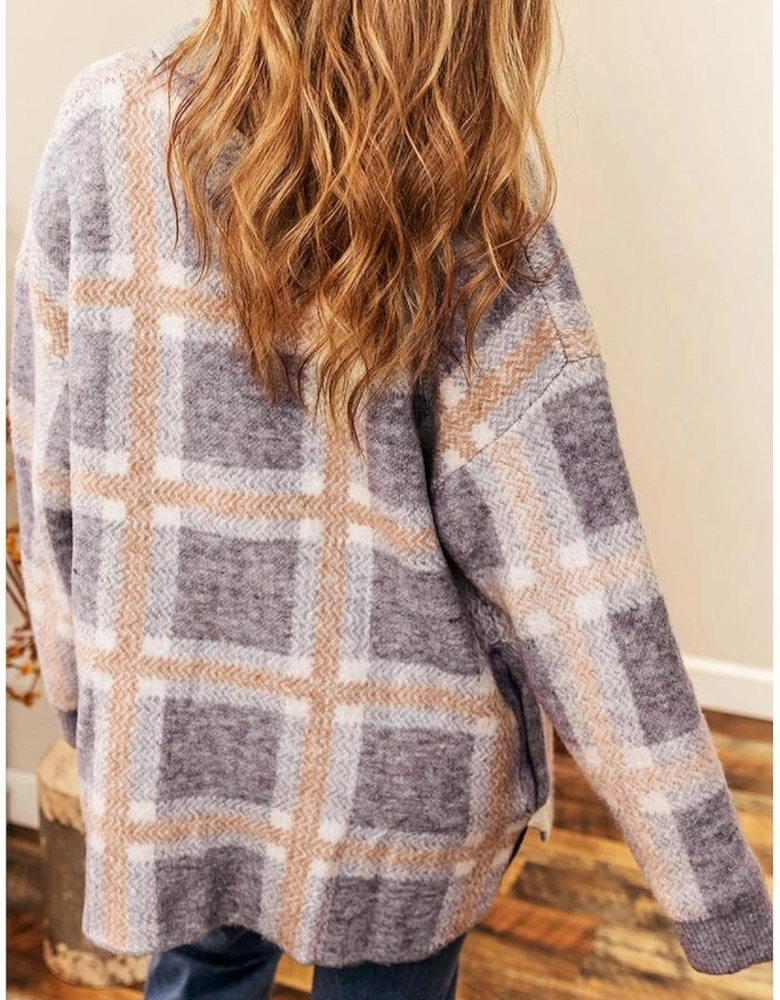 Sky Blue Fuzzy Plaid Collared Button Up Cardigan