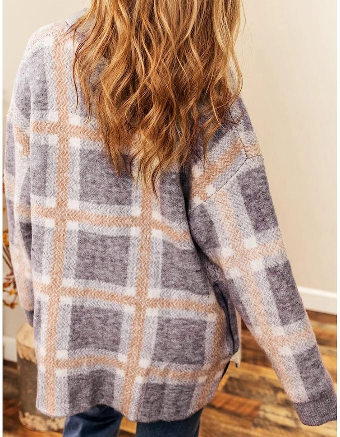 Sky Blue Fuzzy Plaid Collared Button Up Cardigan