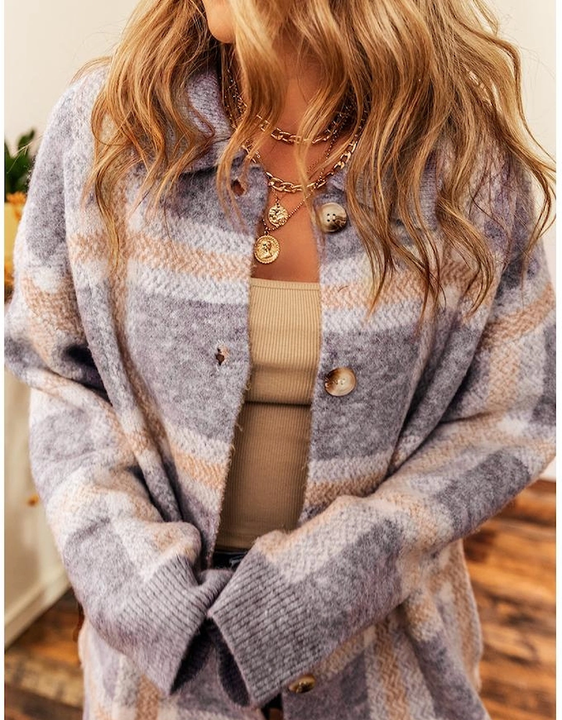 Sky Blue Fuzzy Plaid Collared Button Up Cardigan