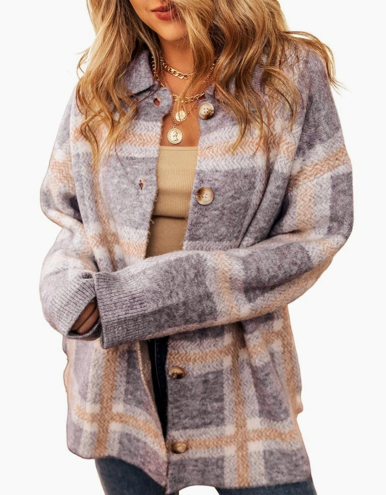 Sky Blue Fuzzy Plaid Collared Button Up Cardigan