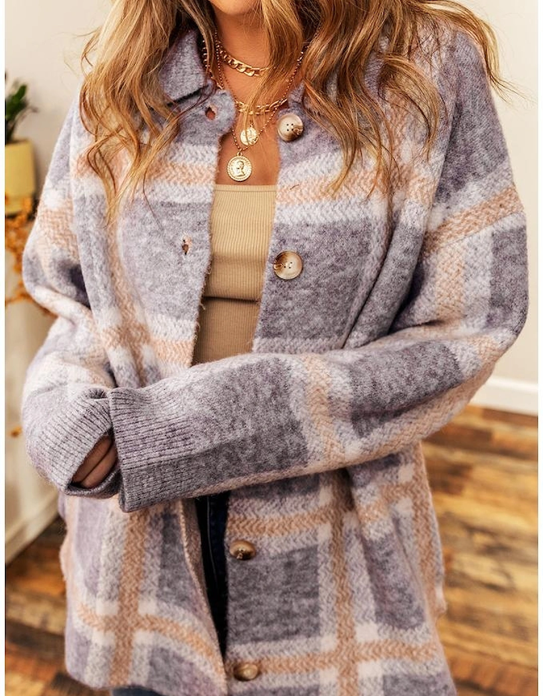 Sky Blue Fuzzy Plaid Collared Button Up Cardigan