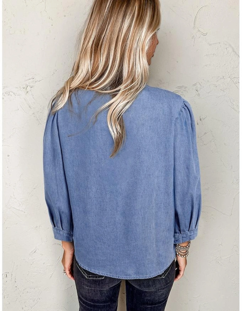 Myosotis Denim Front Pintuck Bow Tie Puff Sleeve Top