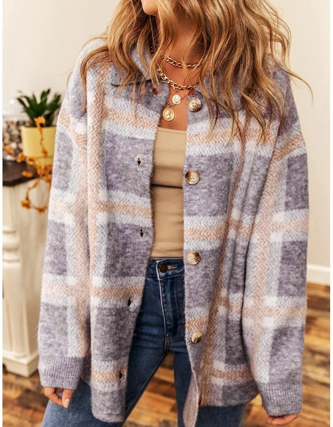 Sky Blue Fuzzy Plaid Collared Button Up Cardigan