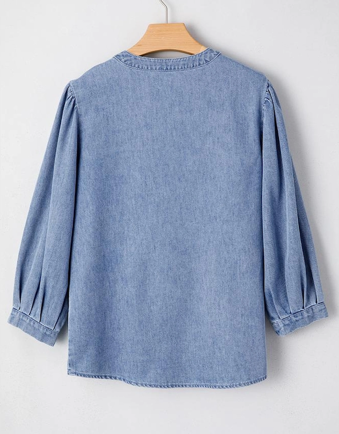 Myosotis Denim Front Pintuck Bow Tie Puff Sleeve Top