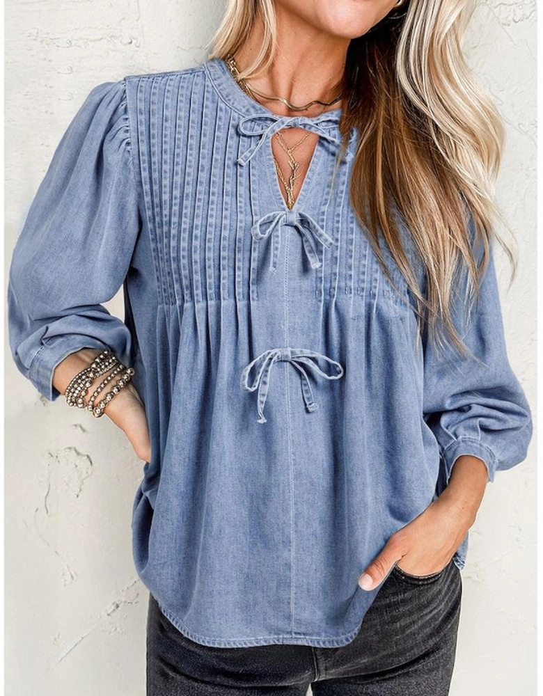 Myosotis Denim Front Pintuck Bow Tie Puff Sleeve Top