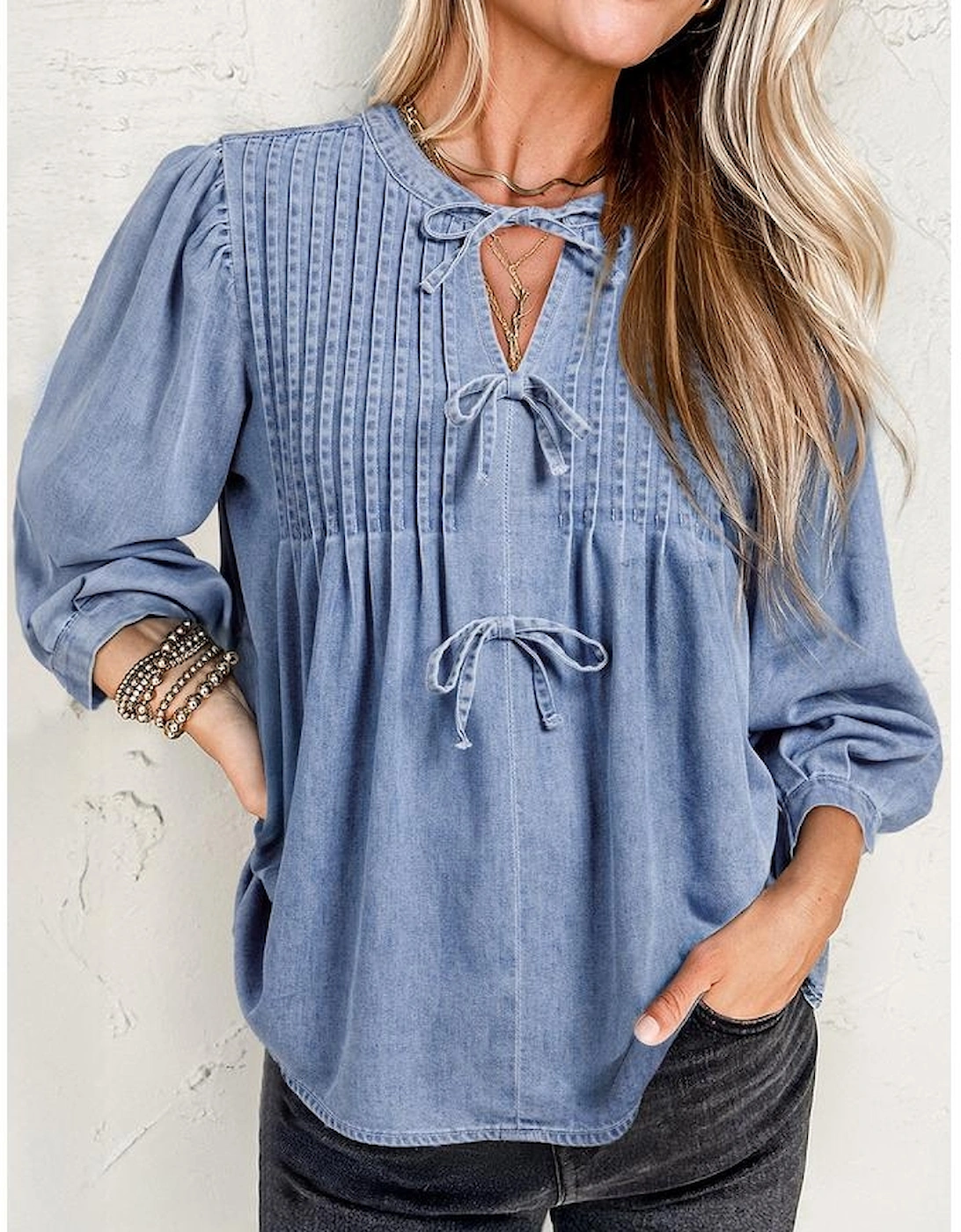 Myosotis Denim Front Pintuck Bow Tie Puff Sleeve Top