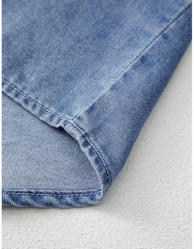 Myosotis Denim Front Pintuck Bow Tie Puff Sleeve Top