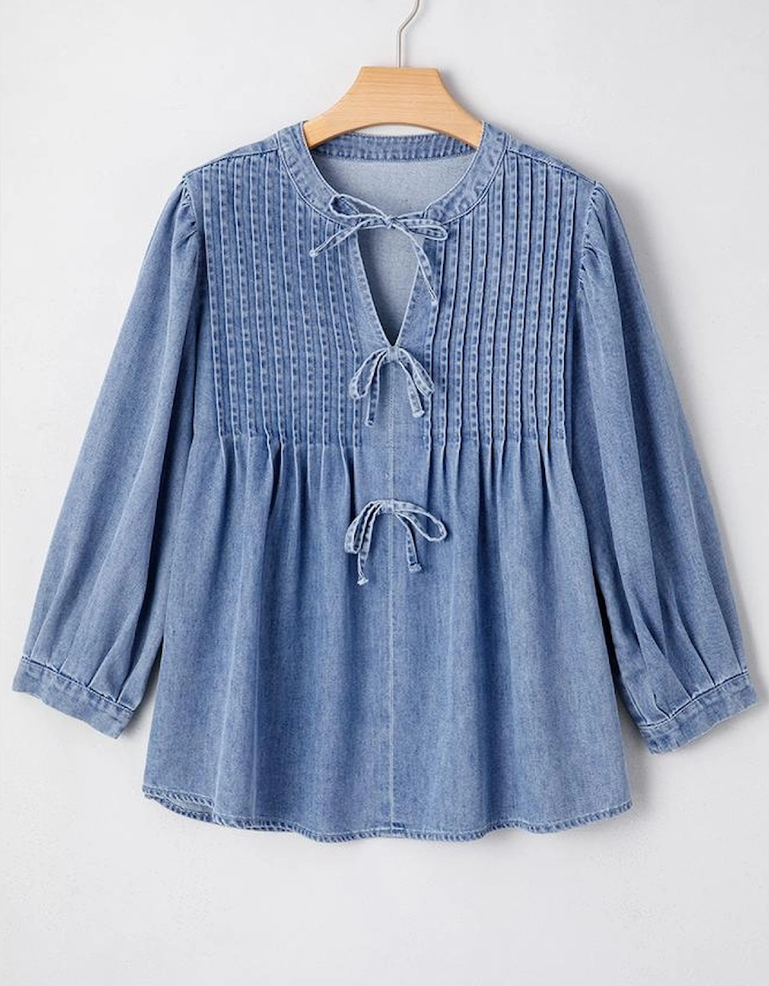 Myosotis Denim Front Pintuck Bow Tie Puff Sleeve Top, 8 of 7